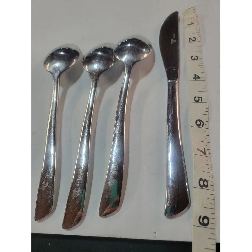 Royal 18/10 Stainless Steel‎ Flatware 4pc Set 3 Teaspoons 1 Knife Modern Curved